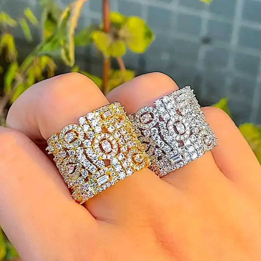 White Gold Plated Zircon Ring, Adjustable, Wide Band, Statement Jewelry
